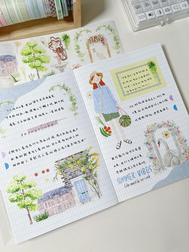 WT Pre-Cut French Courtyard Wide Washi Tape, Single Roll, Romantic European Courtyard Style with Floral Designs, Decorative Washi Paper Tape for Journaling, Scrapbooking, Planner, DIY Crafts