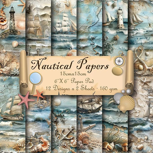 6x6" Cardstock Single Sided Scrapbooking,Craft Decorative Scrap Book Paper | 160gsm,24-Sheet 12Patterns Colored Paper,Junk Journal Supplies,Vivid Origami Papers DIY Craft Gift Wrapping Album.Nautical