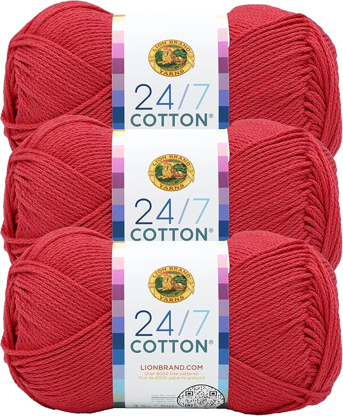 Lion Brand Yarn, 24/7 Cotton Yarn, Cherry Pop, Red, 3 Pack
