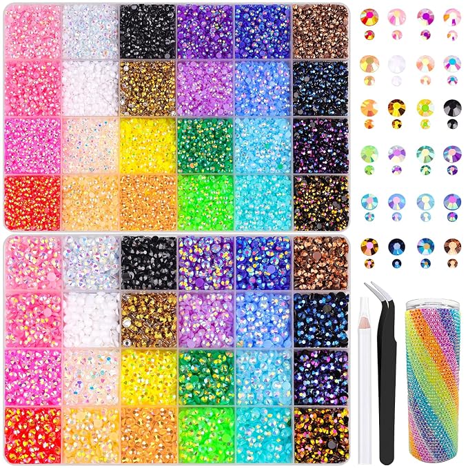 2 Boxes Jelly Rhinestones for Bedazzling, 30600Pcs 3mm & 5mm Multicolor Flatback Resin Gems for Crafting, Bedazzler Kit with Tweezer for DIY Crafts Book Fabric Decor Nail Art