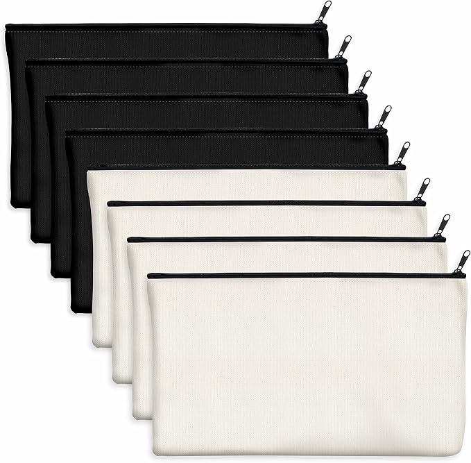 8 Pack Blank Cotton Canvas DIY Craft Zipper Bags Pouches Pencil Case for Makeup Cosmetic Toiletry Stationary Storage (Beige &Black 8.3” x 4.7”)