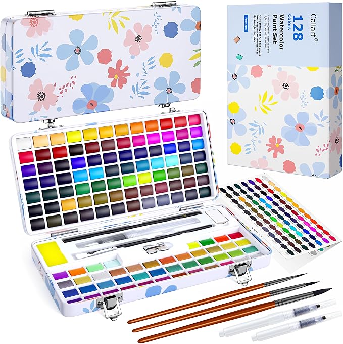 Caliart 128 Colors Watercolor Paint Set, Portable Art Supplies Palette Kit | Water Color Paints with Detail Paintbrush, Art Coloring Painting Gifts for Adults Professionals Beginners Artists