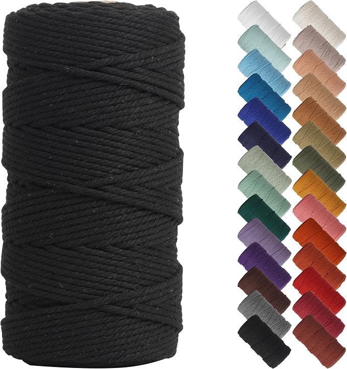 NOANTA Black Macrame Cord 3mm x 220yards, Cotton Rope Macrame Yarn | Macrame Rope Supplies, 3 Strand Twisted Cotton Yarn String, Cotton Cord for Wall Hanging, Plant Hangers, Crafts, Knitting