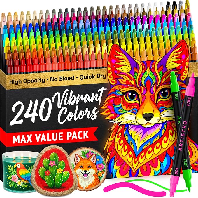 ARTISTRO Dual-Tip Acrylic Paint Marker Pens - Set of 240 | For Fabric, Rock, Glass, Wood, & Coloring Books, Arts & Crafts Gift, Classroom Must Haves & School Supplies (Dot & Fine Tips)