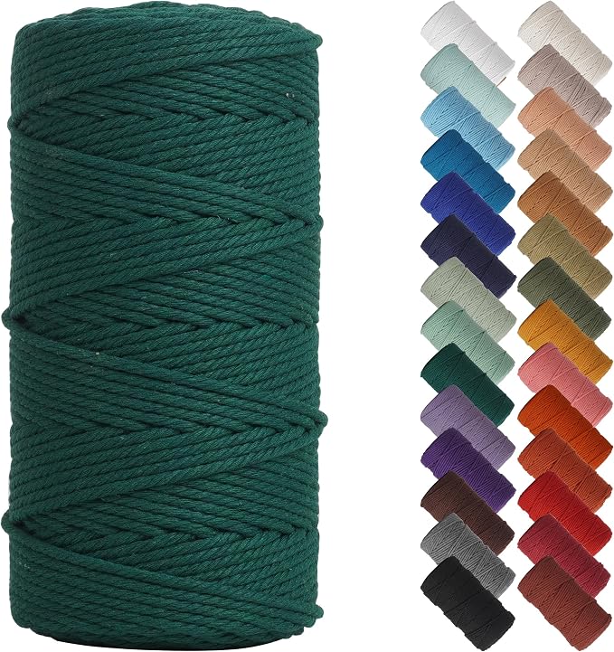 NOANTA Dark Green Macrame Cord 3mm x 220yards, Cotton Rope Macrame Yarn | Macrame Rope Supplies, 3 Strand Twisted Cotton Yarn String, Cotton Cord for Wall Hanging, Plant Hangers, Crafts, Knitting