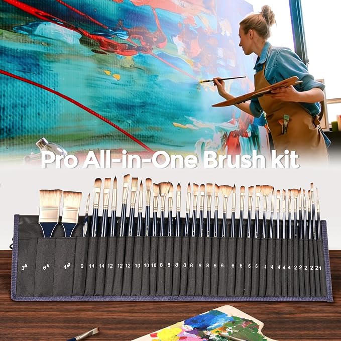 Nicpro 36pcs Paint Brush Set for Acrylic Painting, Oil, Watercolor, Gouache | 9 Shapes No Shedding Synthetic Bristles with Palette Knife and Canvas Roll, Professional Painting Supplies for Artists