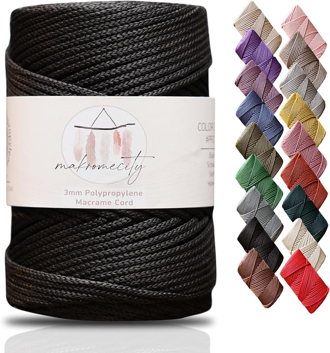 Makromecity, Premium Polyester Macrame Cord 3mm x 131 Yards (394 feet) 3mm Polypropylene Black Macrame Cord Crochet Macrame Bag Cord Crafts for Wall Hangings, Bags, Underplate, Rug