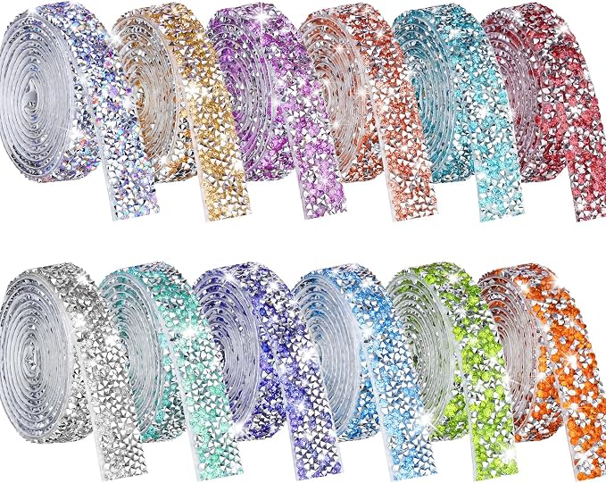 NiArt 12 Rolls Self Adhesive Rhinestone Ribbon 12 Yards DIY Classic
