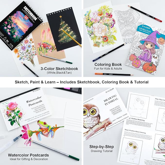 KALOUR 140 Drawing Set Sketching Kit,Art Supplies with 3-color Sketchbook & Coloring Paper,Include Tutorial, Colored, Graphite, Charcoal, Watercolor & Metallic Pencil,for Artists Adults Teens Beginner