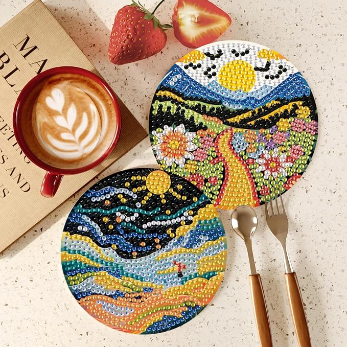 8 Pcs Landscape Diamond Art Coasters with Holder,Landscape Diamond Art Kits for Adults,Diamond Painting Coasters Kit for Gifts