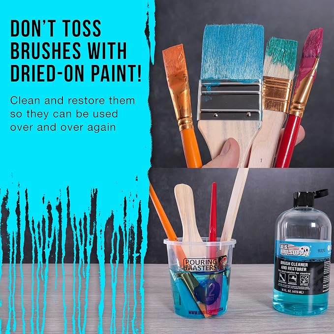 U.S. Art Supply Brush Cleaner and Restorer, 16 Ounce Bottle | Cleans Paint Brushes, Airbrushes, Art Tools - Cleaning Solution to Remove Dried On Acrylic, Oil and Water-Based Paint Colors