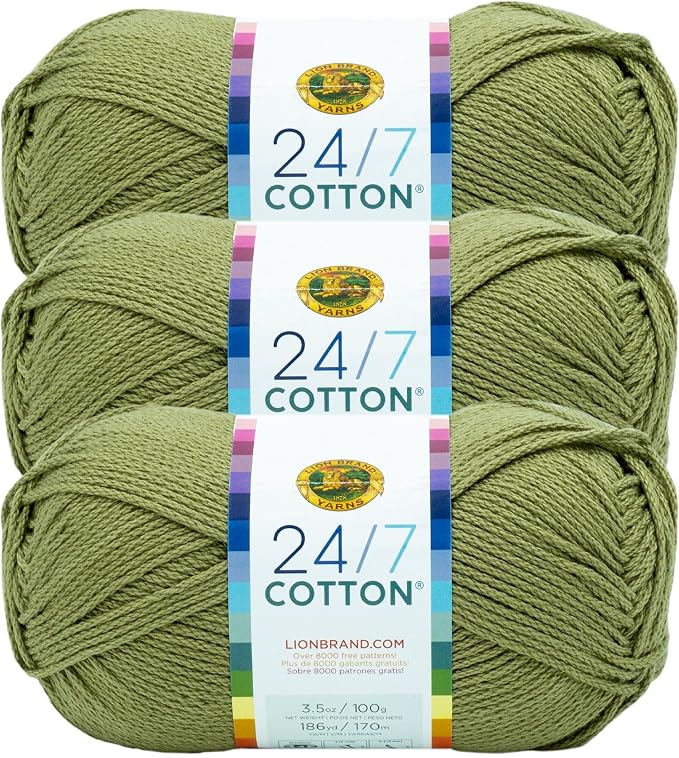 Lion Brand 24/7 Cotton Yarn, Yarn for Knitting, Crocheting, and Crafts, Bay Leaf, 3 Pack