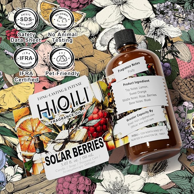 HIQILI Solar Berries Fragrance Oil - Perfect for Making Candles, Bath Bombs, Perfume, Reed Diffuser Oil Refill, Home & Office - 5.07 Fl Oz (Pack of 1)