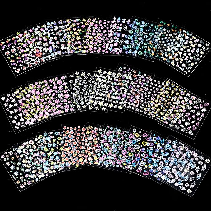 SPLOCUDU Colorful Cute Daisy, Floral, Heart, Flower Nail Art Stickers Decals, 3D Self Adhesive Supplies, Design Decoration Accessories for Women and Girls, 30 Sheets