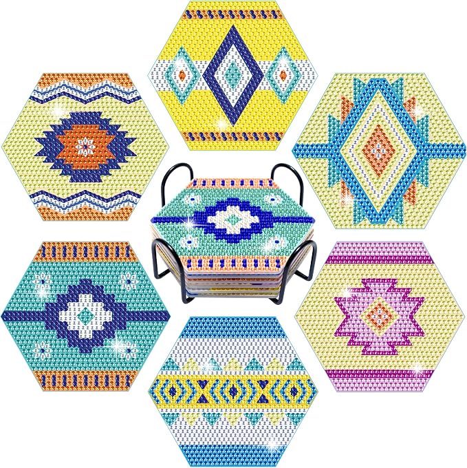 Vcekract 6 Pcs Hexagon Diamond Art Coasters Kit for Adults | Diamond Painting Coasters with Holder & Protective Backing, Diamond Art Adult Crafts for Table Home Decoration