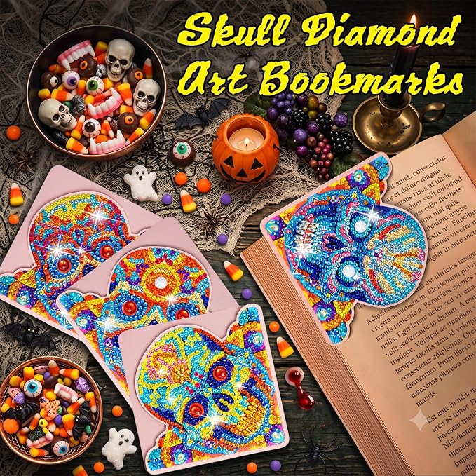WIVICO 4Pcs Diamond Painting Bookmarks, Diamond Pearl Art Kits for Adults | DIY Diamond Dots Paint By Numbers Kit,Gifts for Book Lovers(Halloween Skull)