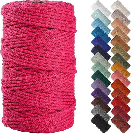 NOANTA Hot Pink Macrame Cord 4mm x 109yards, Cotton Rope Macrame Yarn | Macrame Rope Supplies, 3 Strand Twisted Cotton Yarn String, Cotton Cord for Wall Hanging, Plant Hangers, Crafts, Knitting