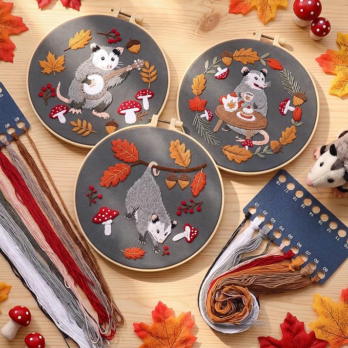 Mindsoft 3 Set Needlepoint Kit for Beginners with Hoop,Autumn Possum | Bamboo Hoop Thread Needles Instructions, Easy Hand Embroidery for Beginners Home Crafts,Pre-stamped Funny Cute Designs