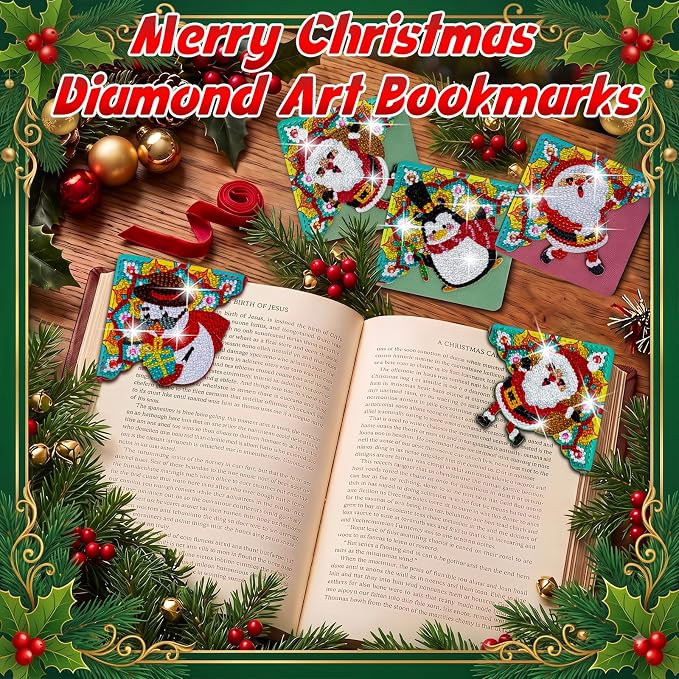 WIVICO 4Pcs Diamond Painting Bookmarks, Diamond Pearl Art Kits for Adults | DIY Bookmark,Diamond Dots Paint By Numbers Kit,Gifts for Book Lovers(Christmas 1)