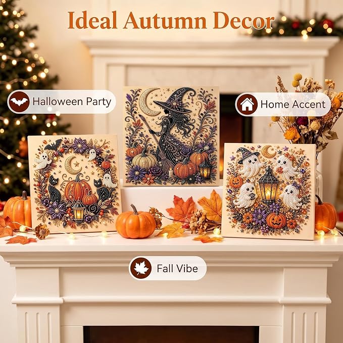 PYKI Halloween Ghost Pearl Art Kit - 3PCS 3D Diamond Painting for Adults, DIY Fall Home Decor, Beginner-Friendly Craft with Complete Supplies (Ghost+Pumpkin+Witch)