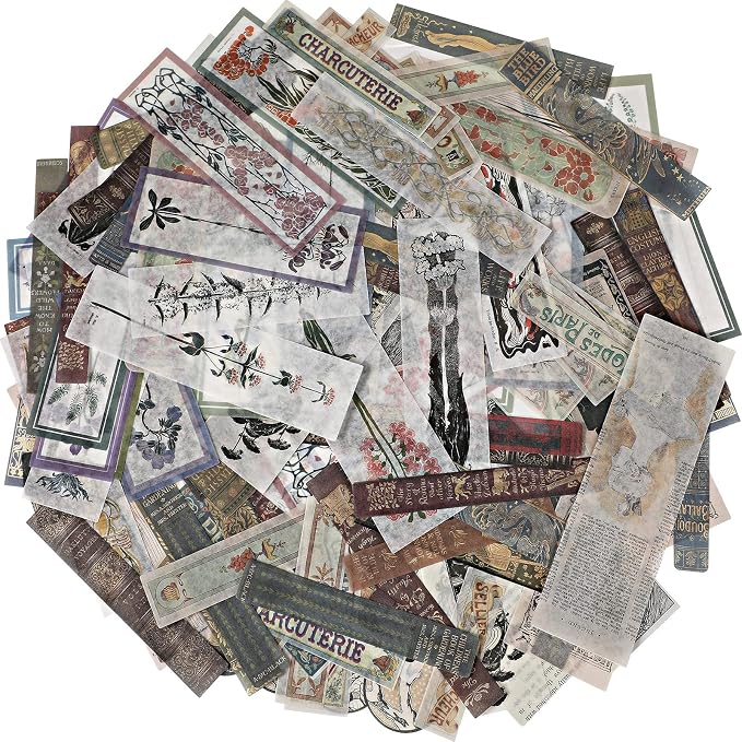 Tenare 120 Pieces Vintage Scrapbook Washi Stickers, Flower, Title, Book