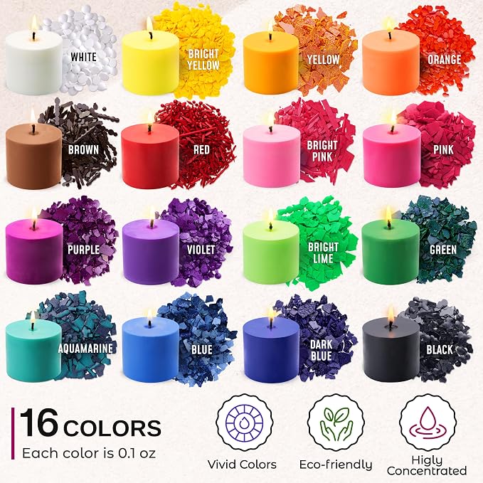 Candle Dye for Soy Wax – 16 Colors Wax Dye Chips for Candle Making | Highly Concentrated Candle Wax Dye for Soy Wax, Beeswax, Paraffin – Candle Color Dye - Premium Candle Dye Chips