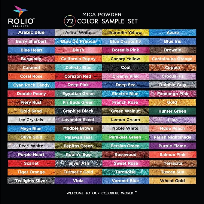 Rolio - Mica Powder Color Pigment Set - Original Complete Set, 5g, 72 Bags | Pearlescent Color Pigments, Resealable Jars for Epoxy Resin, Soap Making, Candles, Slime, Nail Art, and DIY Crafts