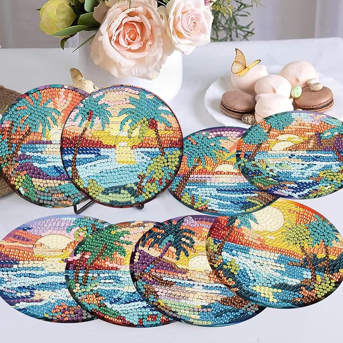 8 Pcs Diamond Art Coasters Kits, Beach Diamond Painting Coasters Kits