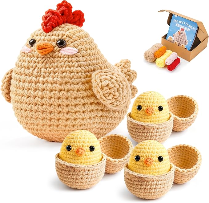 Joyclub Crochet Kit for Beginners 4 Chicken Family with Video for Adults | Amigurumi crochet with video guidance support first projects crochet Starter; a playful DIY gift for adult kitting learners