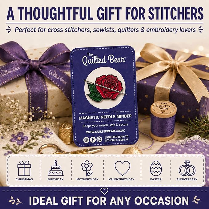 The Quilted Bear Magnetic Needle Minder, Rose | Enamel Needle Keeper for Embroidery & Cross Stitch, Secure Holder for Sewing Needles & Pins, Strong Magnet, Sewing Accessory