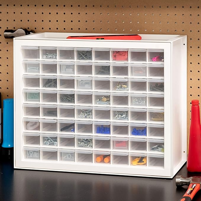 IRIS USA 64-Drawer Screw Organizer, Hardware Storage, Made in USA, White | Wall mountable, Stackable, Art & Craft Supplies, Beads, Gem Stones, Building Bricks, Garage Tool Storage