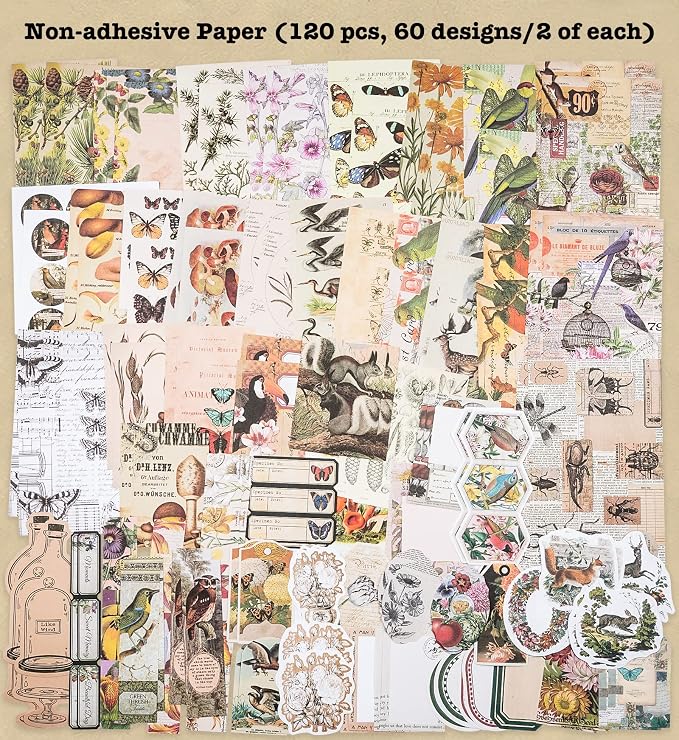 Knaid 200 Pieces Vintage Ephemera Pack Decoupage Paper Junk Journal Kit Scrapbook Planner Sticker Supplies for Art Journaling Bullet Journals Collage Craft Notebooks Album Crafter Gifts (Forest)