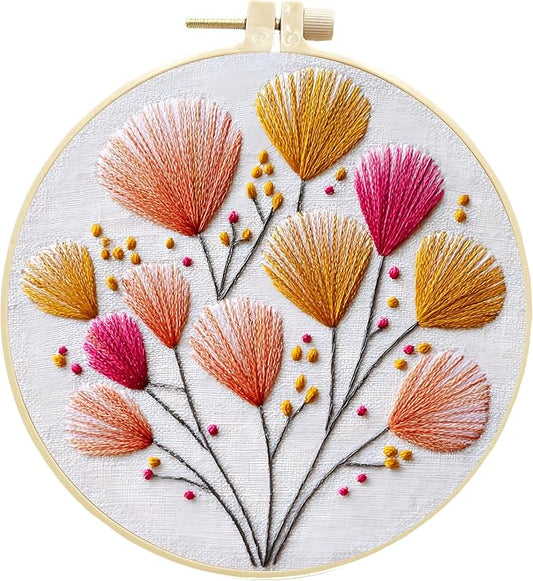 JJFox Embroidery Kit for Beginners and Adults, DIY Hand Embroidery Starter Kit with Cute Pattern, Cross Stitch Needlepoint Set with Hoop, Threads and Instructions (Flower-2)