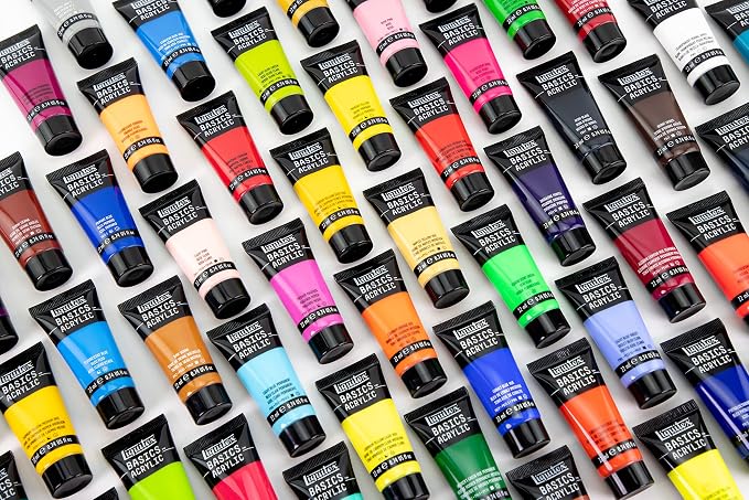 Liquitex BASICS Acrylic Paint Set, 60 x 22ml (0.74-oz) Tubes | Medium Viscosity, Satin Finish, Lightfast, Fine Art Pigments, Range of Opacities, Easy Blending