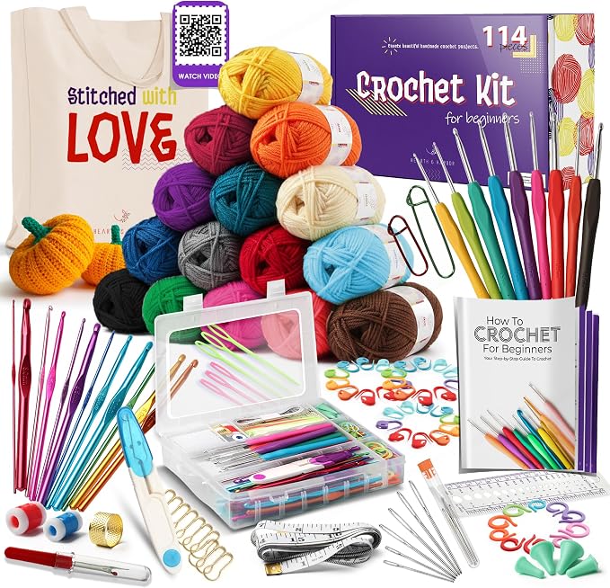 Hearth & Harbor Crochet Kit 114 Piece with 1500 Yards Assorted Yarn Kit, Ergonomic Hooks, Crocheting Instruction, Knitting & Crochet Supplies - Beginner Crochet Kits for Adults, Ideal for Amigurumi