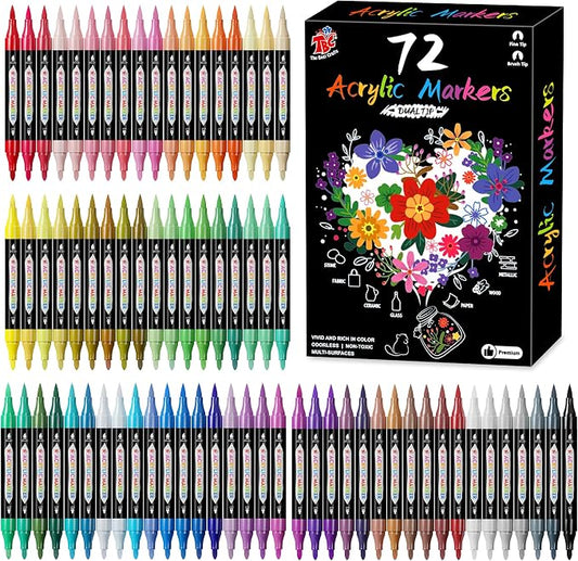 TBC The Best Crafts Acrylic Paint Markers, 72 Colors Dual Tip – Waterproof, Non-Toxic, Fast-Drying Art Pens for Rock Painting, Wood, Glass, Ceramic, Fabric