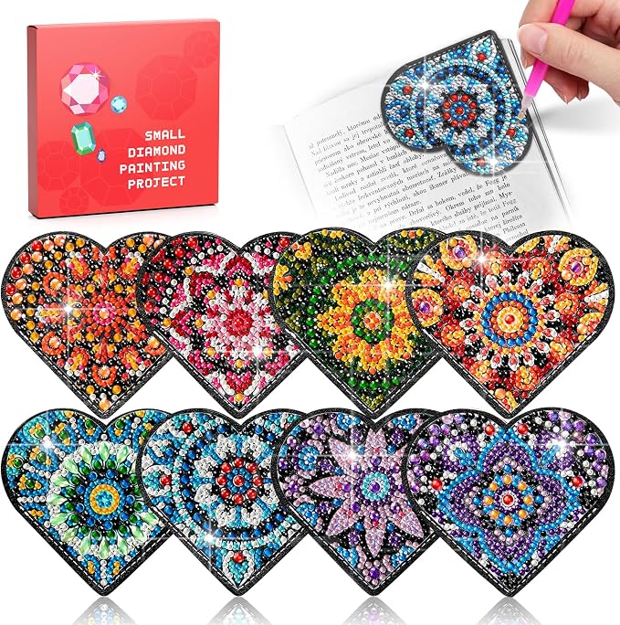 8 PC Diamond Art Painting Bookmark for Adult Craft Gem Bedazzling Kit Women | Bead Art Leather Book Mark Christmas Craft Making Kit Rhinestone Pearl Art DIY Paint by Dots Book Lover Gift Black Heart