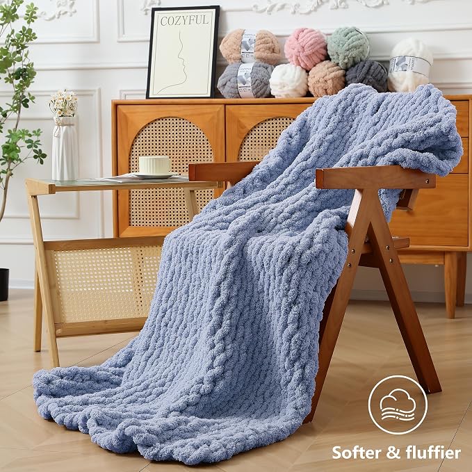 Cozyful Chunky Yarn for Hand Knitting - #10 Chunky Chenille Yarn, Jumbo Big Thick Chunky Yarns for Crocheting, Super Bulky Chunky Knit Blanket Yarns, 8 Skein (22 yds 8 oz Each Skein), Blue Gray