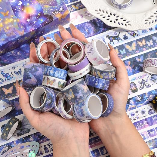 PAGEMORE 35 Rolls Washi Tape Set, Purple Dreamly Butterfly Decorative Tape, Scrapbook Supplies for Junk Journal, Scrapbooking Supplies Decor, DIY Craft Projects Materials for Girls and Women