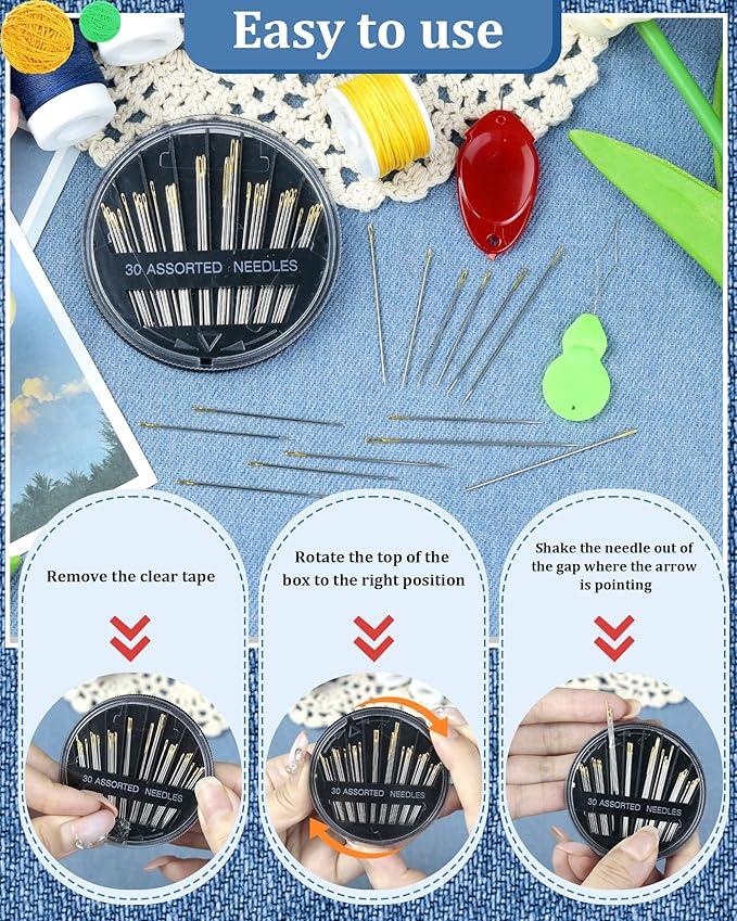FIVEIZERO 30-Count Steel Needles for Hand Sewing, 6 Sizes Large Eye Embroidery and Hand Quilting Needles Kit with Threaders for Art & Craft Projects