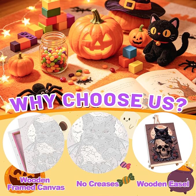 Halloween Paint by Numbers for Adults with Framed Canvas - Wooden Easel | 4 Pack Paint by Number on Canvas, DIY Halloween Acrylic Oil Painting Kits with Brushes for Home Wall Decor (8x12 inch)