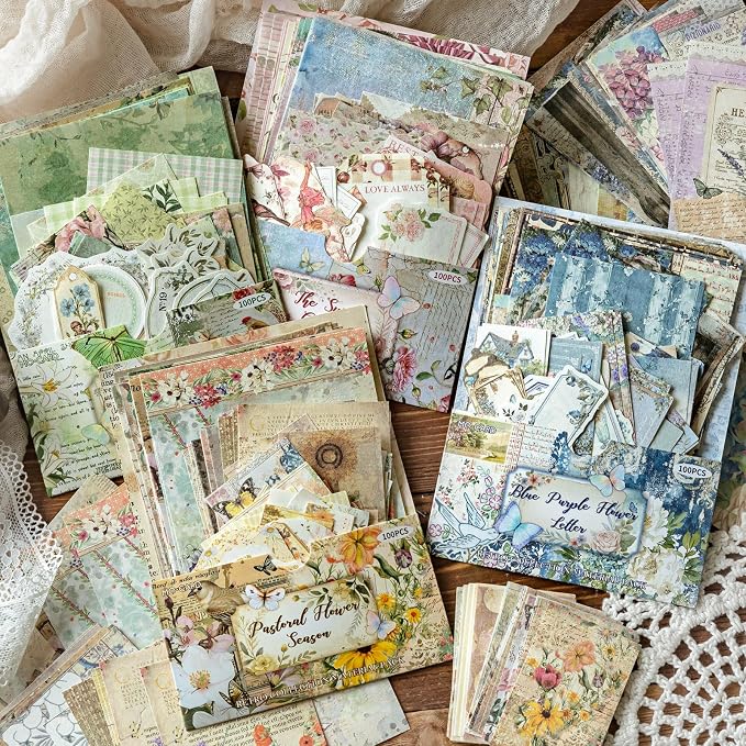 400 Sheets Floral Scrapbook Paper, 4 Packs Junk Journal Scrapbooking Supplies for Journaling, Scrapbooking Embellishments, Planner, Card Making, Collage
