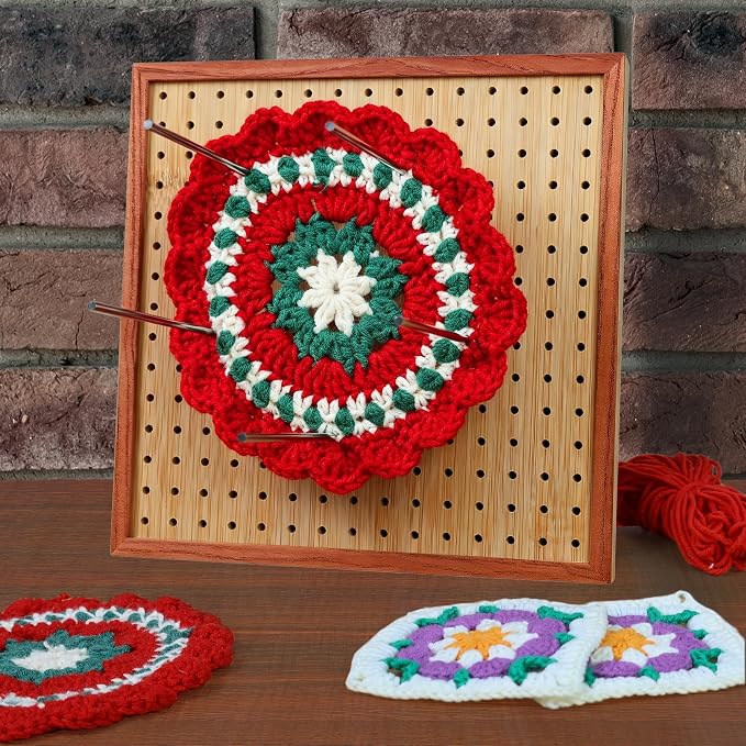 HHSarioneiro 7.8" Crochet Blocking Board with 16 Pins/Pegs, Granny Square Blocking Boards for Crochet Projects, Wooden Crocheting Accessories Gifts for Crocheters