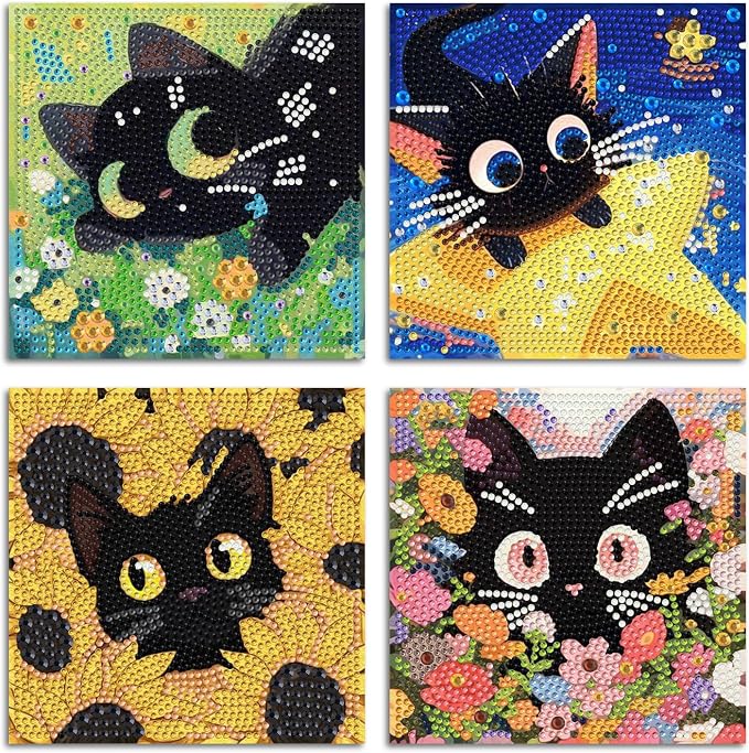 ICYANART 4 Pack Cat Diamond Art Painting Kits for Kids Age 6-8-12 6x6 Inch | Cat Diamond Art Painting Kits for Kids Ages 6-8-12, Small Diamond Art Kids, Simple Art and Craft for Kids(no Frame)