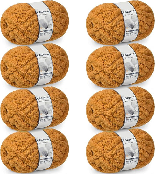 Cozyful Chunky Yarn for Hand Knitting - #10 Chunky Chenille Yarn, Jumbo Big Thick Chunky Yarns for Crocheting, Super Bulky Chunky Knit Blanket Yarns, 8 Skein (22 yds 8 oz Each Skein), Mustard Yellow