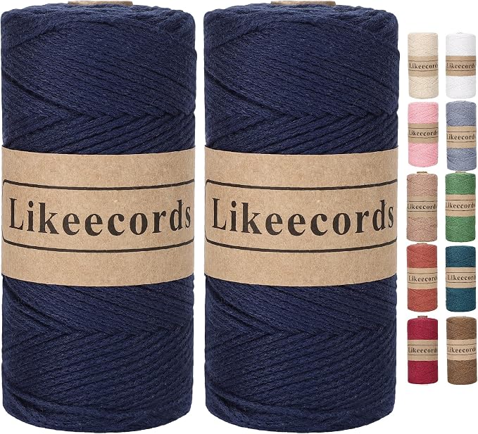 Likeecords 100% Cotton Rope Crochet Yarn Bag Cord 2mm 350Yards Braided Macrame Cord Macrame Rope Crochet Thread Gift for Knitter (Dark Blue)