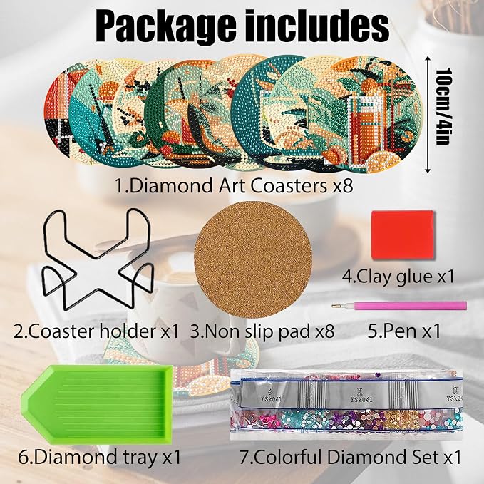 Ycydilirab 8 Pcs Cocktail Diamond Art Coasters with Holder,Cocktail Diamond Art Kits for Adults,Diamond Painting Coasters Kit for Gift