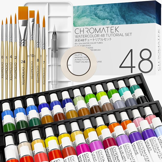 CHROMATEK Watercolor Tutorial Set, 7 Part Video Course, 84 Piece All-In-One Kit, Adults, Beginner & Professional Artists, 48 Watercolor Paint Tubes, 25 Page Workbook, 8 Brushes, Aquapen, Palette, Tape