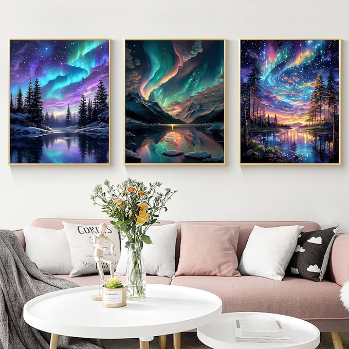 Yunruily 3 Pack Paint by Number Adult - Aurora Adult Paint Numbers,Aurora Painting by Numbers Kit for Adults for Gifts Home Wall Decor 12x16 Inch