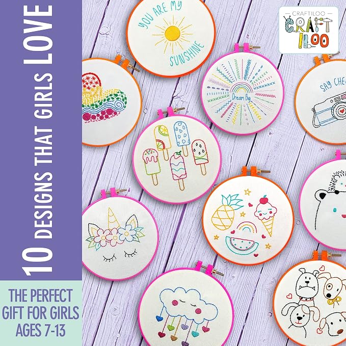 Embroidery Kit for Kids Ages 7-13 - 10 Pre-Stamped Beginner Patterns